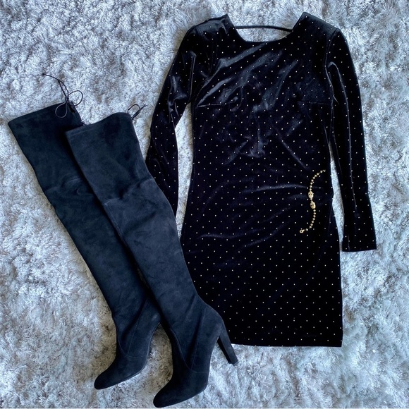 Express NWOT Black Velour Studded Dress Size 2 - Picture 5 of 11
